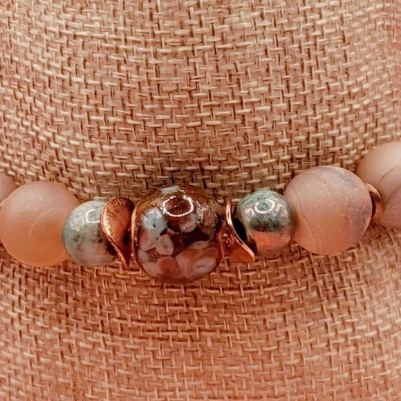 Druzy Agate, Bronzite, Copper, Raku, and Lampwork Beaded Bracelet - Picture 4 of 5